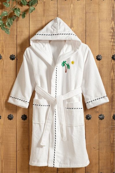 Mulberry White Hooded Cotton Children's Bathrobe - Palm Embroidery