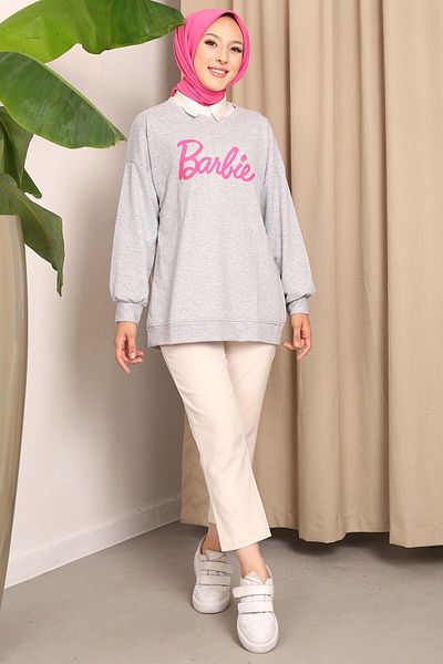 İmajButik Γκρι φούτερ με στάμπα Barbie με δύο κλωστές