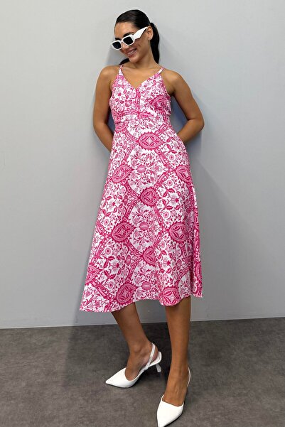 Madmext Pembe Desenli Dekolteli Midi Boy Elbise Mg1537