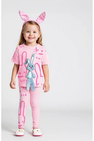 MİO Girl's 3D Rabbit Detailed T-Shirt and Patterned Leggings Set – Set of 2 Pink