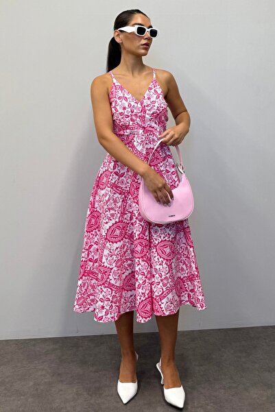 Madmext Pembe Desenli Dekolteli Midi Boy Elbise Mg1537