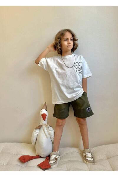 MİO Boys' Cotton T-Shirt and Shorts Set - Summer Sports Style Khaki