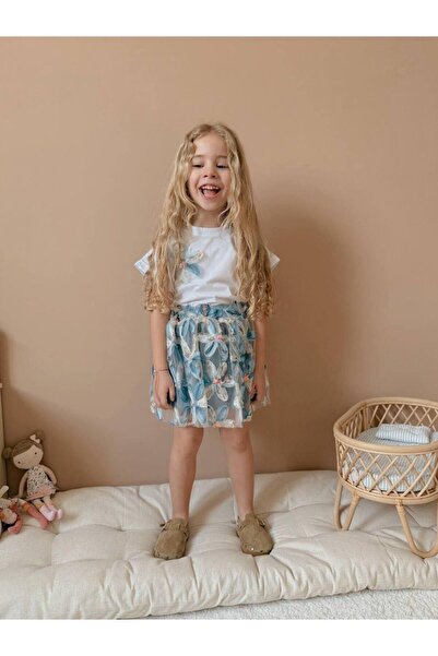 MİO Kız Çocuk Çiçekli Etek Bluz Takım Mavi