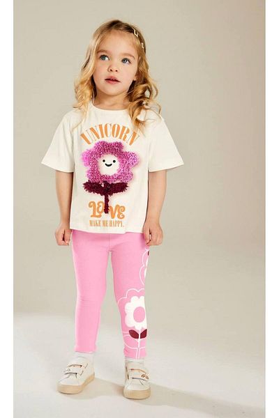 MİO Girl's Cotton Ecru Floral Embossed T-Shirt and Pink Patterned Leggings Set - Love Slogan Pink
