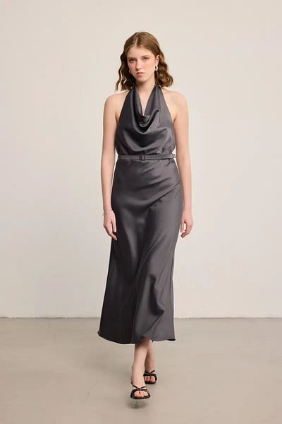 Gusto Halter Neckline Long Satin Dress - Grey