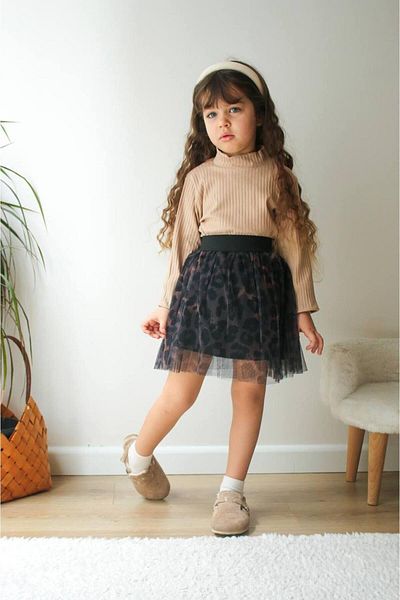 MİO Girl's Leopard Skirt Suit Beige