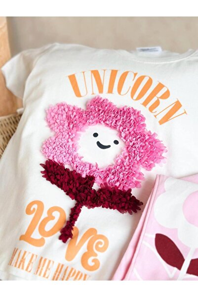 MİO Girl's Cotton Ecru Floral Embossed T-Shirt and Pink Patterned Leggings Set - Love Slogan Pink