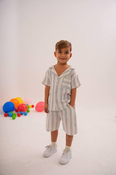 MİO Boy's Shirt and Striped Shorts 2-Piece Set Blue