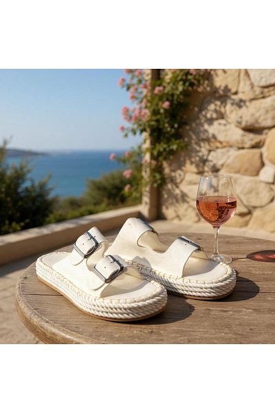 krm dünya ürünleri Krm Women's Double Buckle Stitched Suede-White I Light & Comfortable