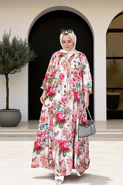 Aselim Hijap Moda Pamuklu Çiçek Desenli Yazlık Robalı Elbise Güllü Pembe