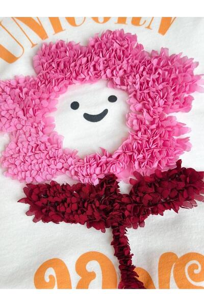 MİO Girl's Cotton Ecru Floral Embossed T-Shirt and Pink Patterned Leggings Set - Love Slogan Pink