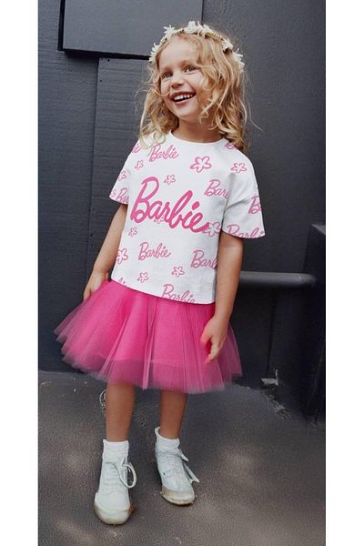 MİO Girl's White T-Shirt and Pink Tutu Skirt Set Pink
