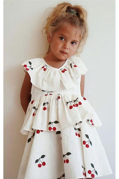 MİO Girl's Cotton Ecru Cherry Patterned Layered Dress - Ruffled Design Ecru