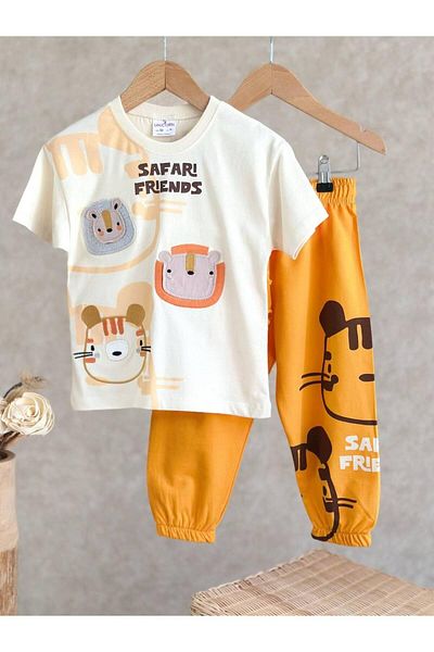MİO Boy's Cotton Ecru Orange Safari Friends Suit - Orange with 3D Lion and Tiger Applique