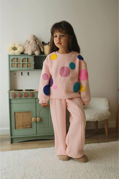 MİO Girl's Raised Powder Colored Wide Leg Colored Suit Pink
