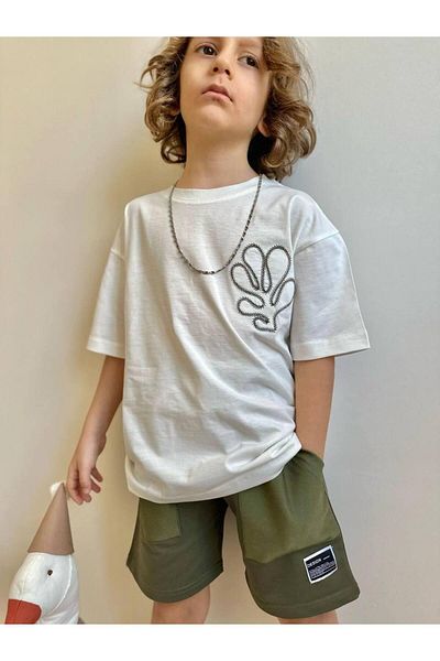 MİO Boys' Cotton T-Shirt and Shorts Set - Summer Sports Style Khaki
