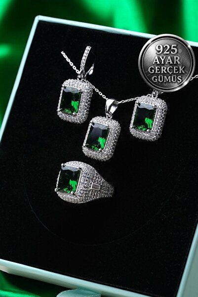 Mimodish 925 Ayar Gerçek Gümüş Emerald Queen Yeşil Zümrüt Taşlı Kolye Küpe Yü...
