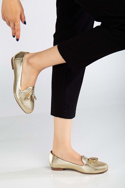 ANALİN SHOES Balerini de damă cu ciucuri din piele naturală aurii