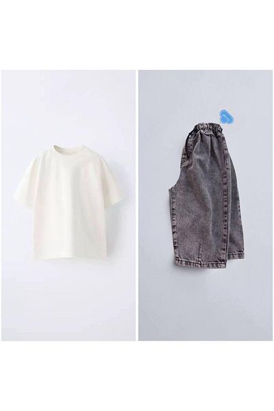 MİO Unisex Jean Pants White T-Shirt Set Gray