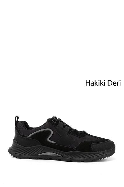 GÖNDERİ(R) Men's Black Lace-Up Rubber Sole Genuine Leather Sneakers