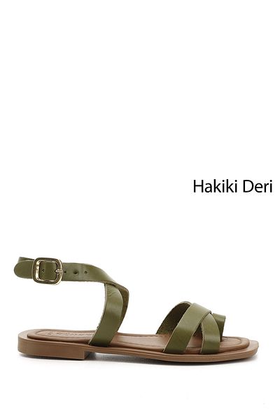 GÖNDERİ(R) Women / Girls Green Flip Flop Ankle Strap Genuine Leather Sandals