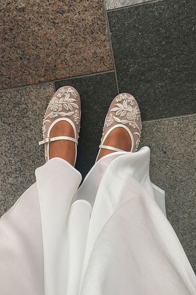StWenn White Mesh Embroidery and Bead Detailed Round Toe Luxury Women's Ballerinas