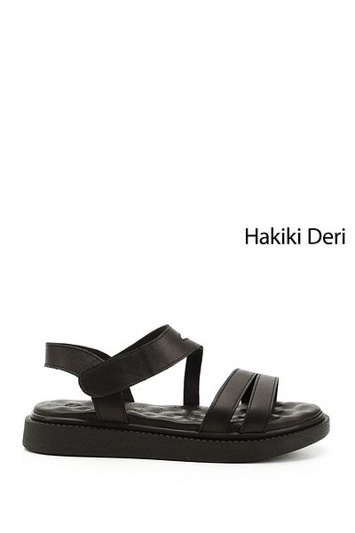GÖNDERİ(R) Women / Girls Black Velcro Strap Genuine Leather Comfort Sandals