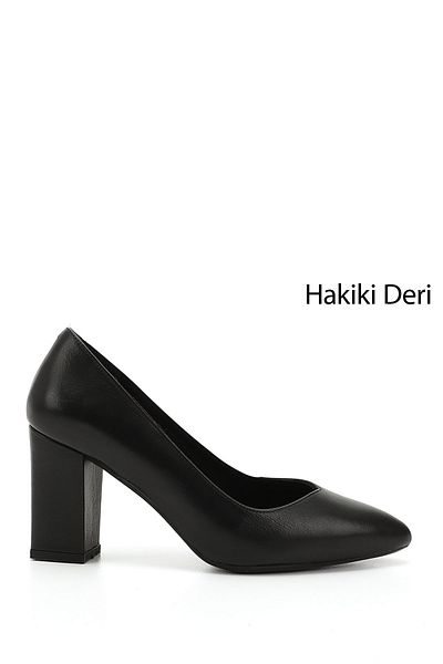 GÖNDERİ(R) Women / Girls Black Pointed Toe High Thick Heels Genuine Leather Shoes