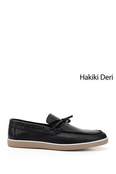 GÖNDERİ(R) Men's Black Floater Bow Genuine Leather Loafer Shoes