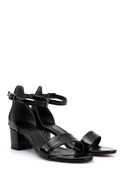 GÖNDERİ(R) Women / Girls Black Crinkled Patent Leather Ankle Strap Medium Thick Heeled Single Strap Sandals