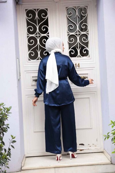 N.S NEVA STYLE Buttoned Navy Blue Hijab Double Suit 4016L