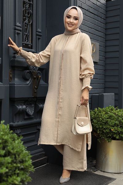 Neva Style Beige Hijab Double Set - Buttoned, Model 12591Beige