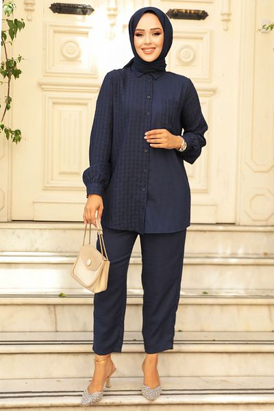 Neva Style Navy Blue Hijab Double Set - Gingham Detailed, 12191L