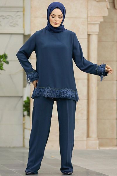 Neva Style Feather Detailed Navy Blue Hijab Double Set 40012L