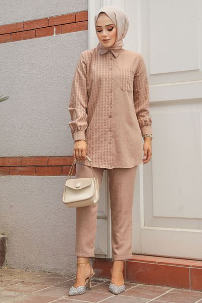 Neva Style Mink Hijab Double Set - Gingham Detailed, Model 12191V