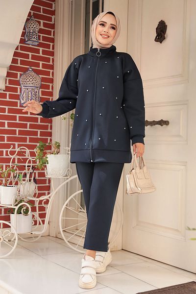 Neva Style طقم حجاب مزدوج بسحاب باللون الكحلي - 12401L