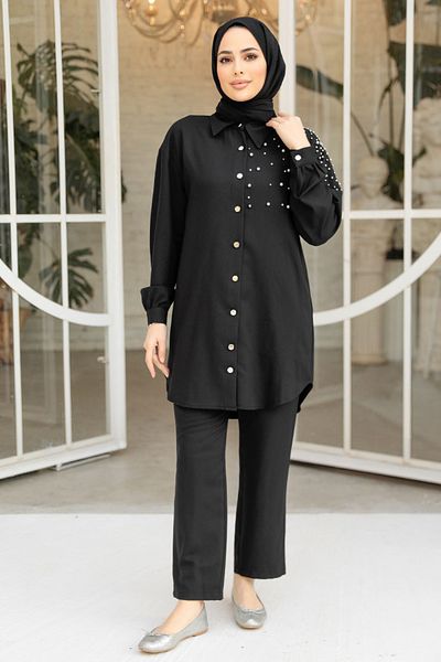 Neva Style طقم حجاب أسود مزين باللؤلؤ 12461S