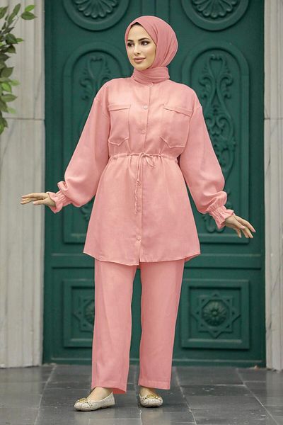 Neva Style Pocket Detailed Dusty Rose Hijab Double Set 5899Gk