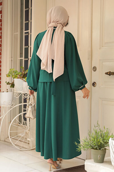 Neva Style Belted Emerald Green Hijab Skirted Two-Piece Set 20024Zy