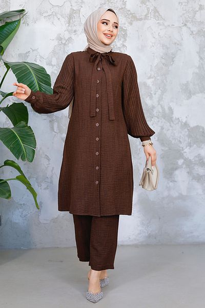 Neva Style Dark Brown Hijab Double Suit with Pleated Handles 51991Kkh