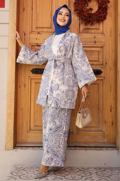 Neva Style Indigo Blue Patterned Hijab Kimono Set - 12122im