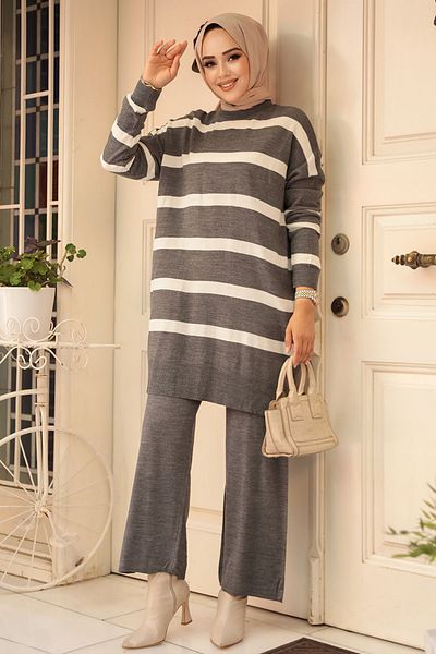 Neva Style Striped Dark Gray Hijab Knitwear Double Suit 3439Kgr