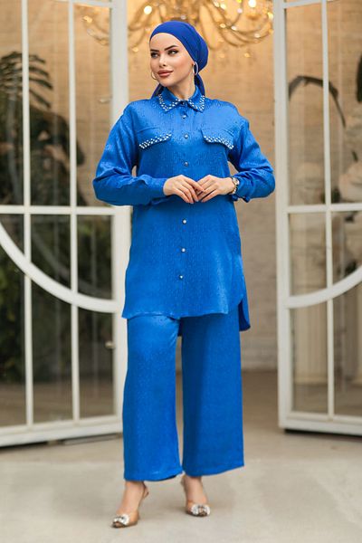 Neva Style بدلة حجاب مزدوجة مطرزة باللؤلؤ باللون الأزرق النيلي 10691IM