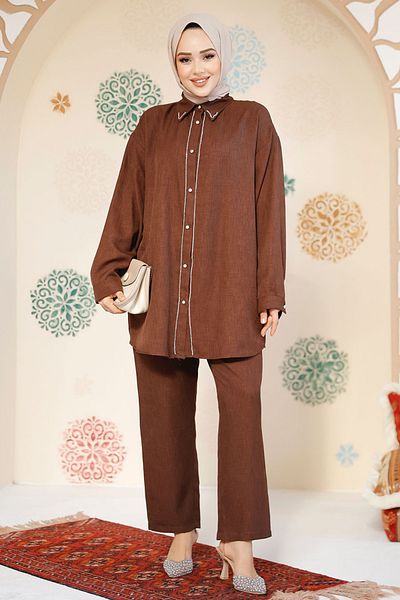 Neva Style Buttoned Brown Hijab Double Suit 28141Kh