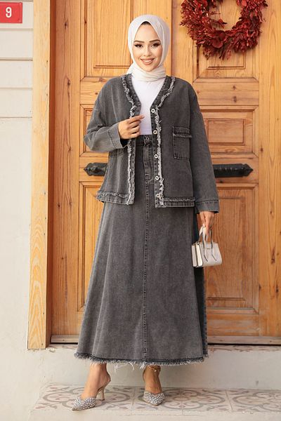 Neva Style Jeans Set with Smoke Jacket and Hijab Skirt - 19012Fu