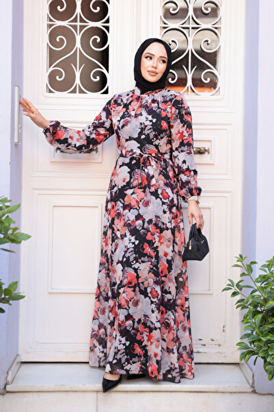 Neva Style Φόρεμα Hijab με λουλούδια μαύρο 27970S