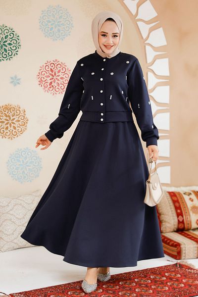 Neva Style Διακοσμημένη με χάντρες Navy Blue Hijab Φούστα Διπλό Σετ 1277L