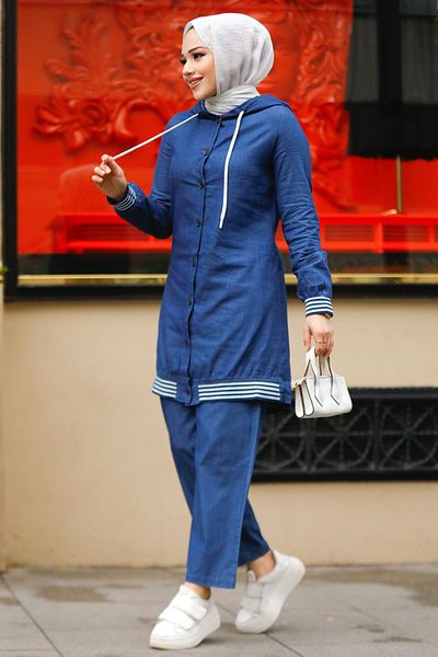 Neva Style Σετ με κουμπιά Navy Blue Hijab Jeans Διπλό Σετ 19111L