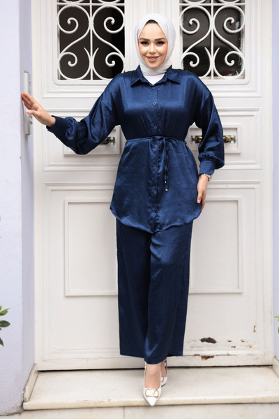 N.S NEVA STYLE Buttoned Navy Blue Hijab Double Suit 4016L