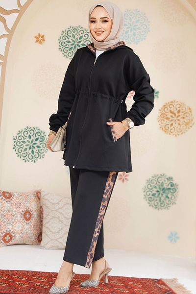 Neva Style Μαύρο Scuba Hijab Διπλό Σετ με φερμουάρ - 12741S